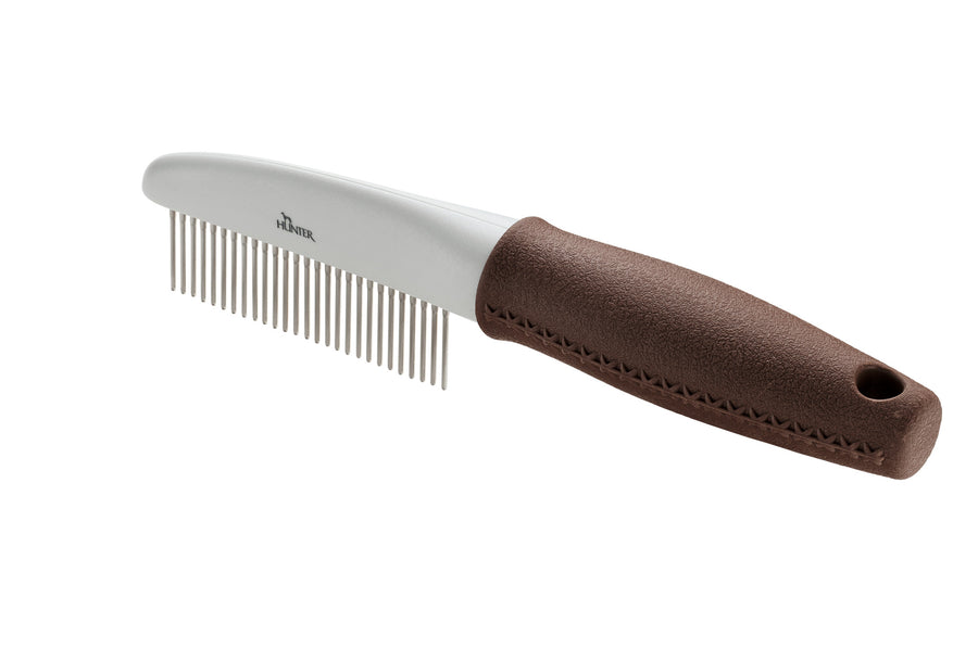 Comb with Rotating Pins SPA - Hunter Pet Store -grooming comb for medium to long-haired fur -rotating teeth for particularly gentle grooming -meant for grooming top coat and undercoat fur -can loosen even stubborn knots -ergonomically shaped handle in high-quality leather look