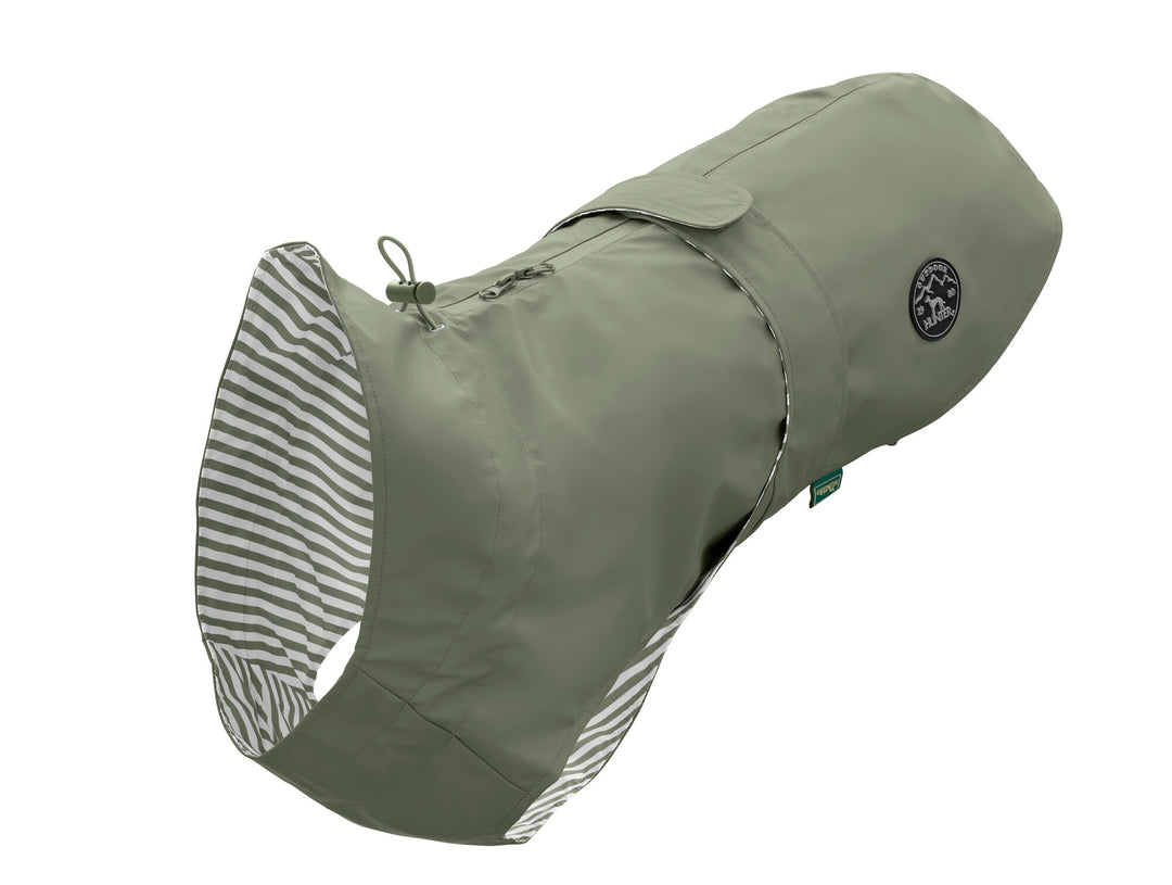 MILFORD Raincoat - Hunter Pet Store -lightweight wind repellent and waterproof raincoat for dogs -with neck collar and closed belly area -individually adjustable belly strap with Velcro fastener -opening for the attachment of a leash to the collar and harness -elastic loops for the hind legs -attractive, classic design -washable at 90 °F