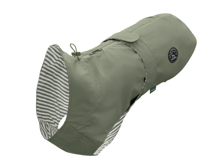 MILFORD Raincoat - Hunter Pet Store -lightweight wind repellent and waterproof raincoat for dogs -with neck collar and closed belly area -individually adjustable belly strap with Velcro fastener -opening for the attachment of a leash to the collar and harness -elastic loops for the hind legs -attractive, classic design -washable at 90 °F