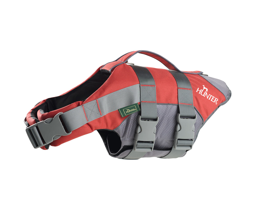 MOSS Life Jacket - Hunter Pet Store -swim vest with hand strap for dogs -ideal for boat and canoe trips as well as stand-up paddling -with Velcro and click fasteners on the belly -optimal safety due to good visibility -easy to clean and washable -can support buoyancy in the water