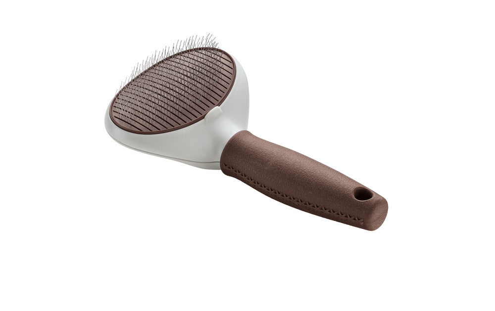 Self-Cleaning Slicker Brush SPA - Hunter Pet Store -grooming brush for long-haired, medium-length and short-haired dogs -extra soft stainless steel pins for gentle fur grooming -makes it easier to remove dead topcoat and undercoat fur -integrated button allows you to easily remove collected fur, self-cleaning -ergonomic handle with high-quality leather look