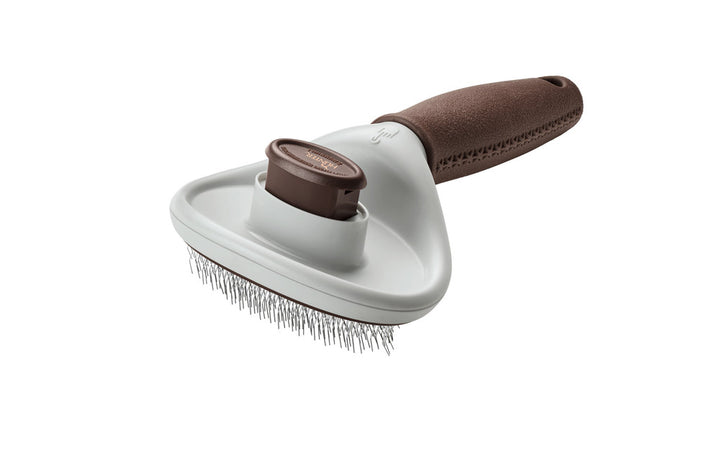 Self-Cleaning Slicker Brush SPA - Hunter Pet Store -grooming brush for long-haired, medium-length and short-haired dogs -extra soft stainless steel pins for gentle fur grooming -makes it easier to remove dead topcoat and undercoat fur -integrated button allows you to easily remove collected fur, self-cleaning -ergonomic handle with high-quality leather look