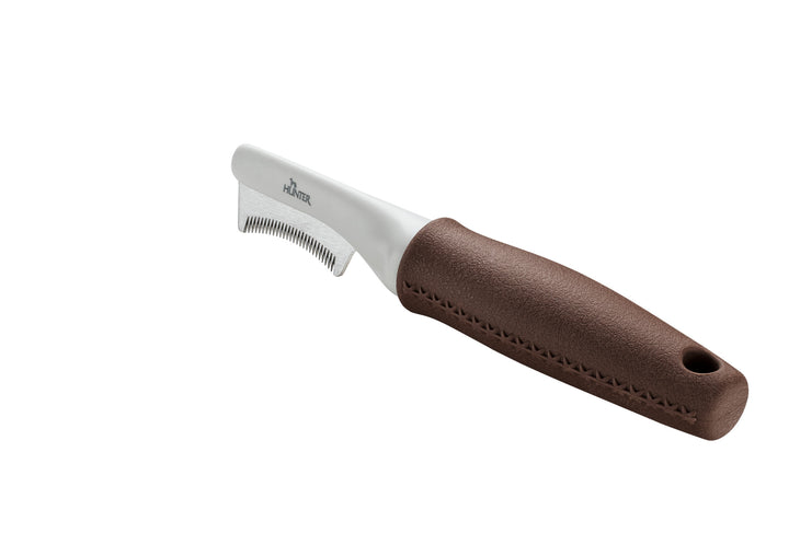 Trimming Knife Sickle SPA - Hunter Pet Store -suitable for short-haired, medium-length and long-haired dogs -allows the removal of loose top coat fur -for spots that are hard to reach -high-quality steel blade, sickle-shaped fine -available in fine or coarse -ergonomic handle with a high-quality leather look