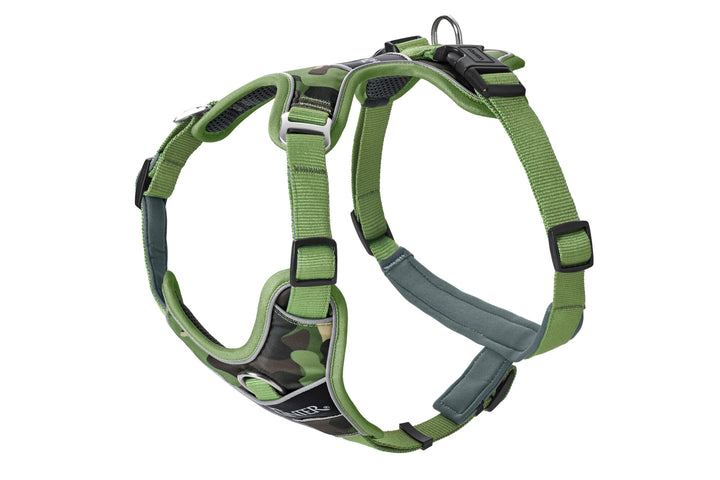 DIVO Camouflage Harness - Hunter Pet Store -Fashionable camouflage pattern -Front entry option for head shy dogs -5-way adjustment for ergonomic fit -Comfortable padding with soft, breathable mesh material and neoprene -Highly reflective thanks to 3M™ Scotchlite™ Reflective material and HUNTER logo print -With two D-rings for leashing to the dog's back or chest area -D-ring in the chest area can be "hidden" with a flick of the wrist