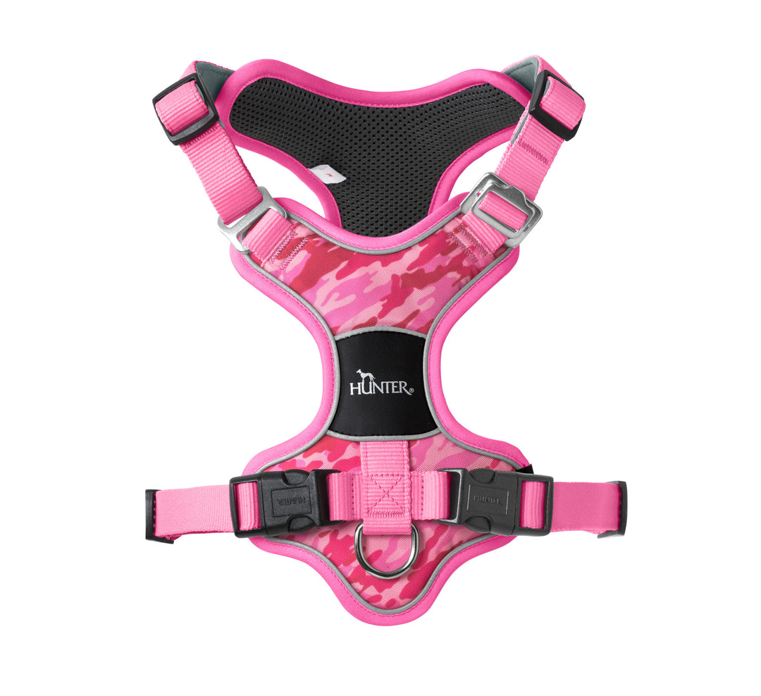 DIVO Harness - Hunter Pet Store -five-point adjustment -ergonomic fit -comfortable padding with soft, breathable mesh material and neoprene -highly reflective thanks to the 3M™ Scotchlite™ Reflective Material and HUNTER logo print -features two D-rings for attaching a leash to the dog’s back and chest -the D-ring on the chest can be tucked away easily