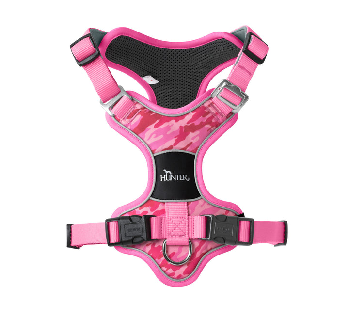 DIVO Harness - Hunter Pet Store -five-point adjustment -ergonomic fit -comfortable padding with soft, breathable mesh material and neoprene -highly reflective thanks to the 3M™ Scotchlite™ Reflective Material and HUNTER logo print -features two D-rings for attaching a leash to the dog’s back and chest -the D-ring on the chest can be tucked away easily