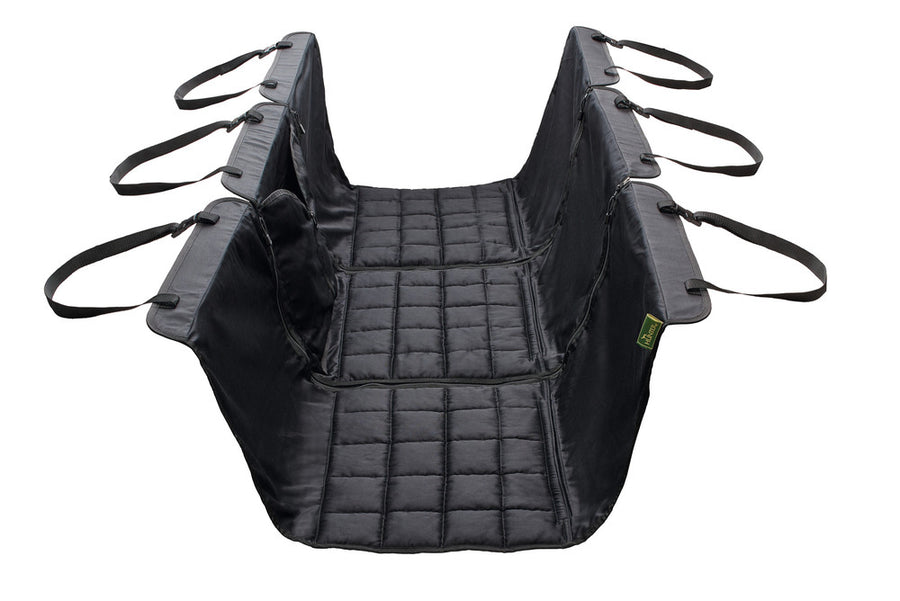 Car seats cover HAMILTON - Hunter Pet Store -padded protective cover for the back seat in the car -protect the seats from dirt, hair and scratches -easy attachment to the headrests -reinforcements for more stability -with opening slots for safety belts -seat division possible by zipper -65% polyester, 35% cotton -washable at 205 °F