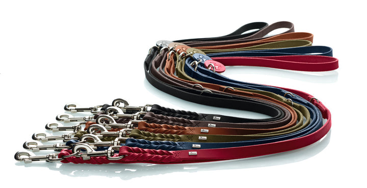 SOLID EDUCATION Adjustable Leash - Hunter Pet Store -particularly tough and hard-wearing leather-hand-braided-with a leather keyring-snap bolt braided into the leather-3-fold adjustable-made in Germany