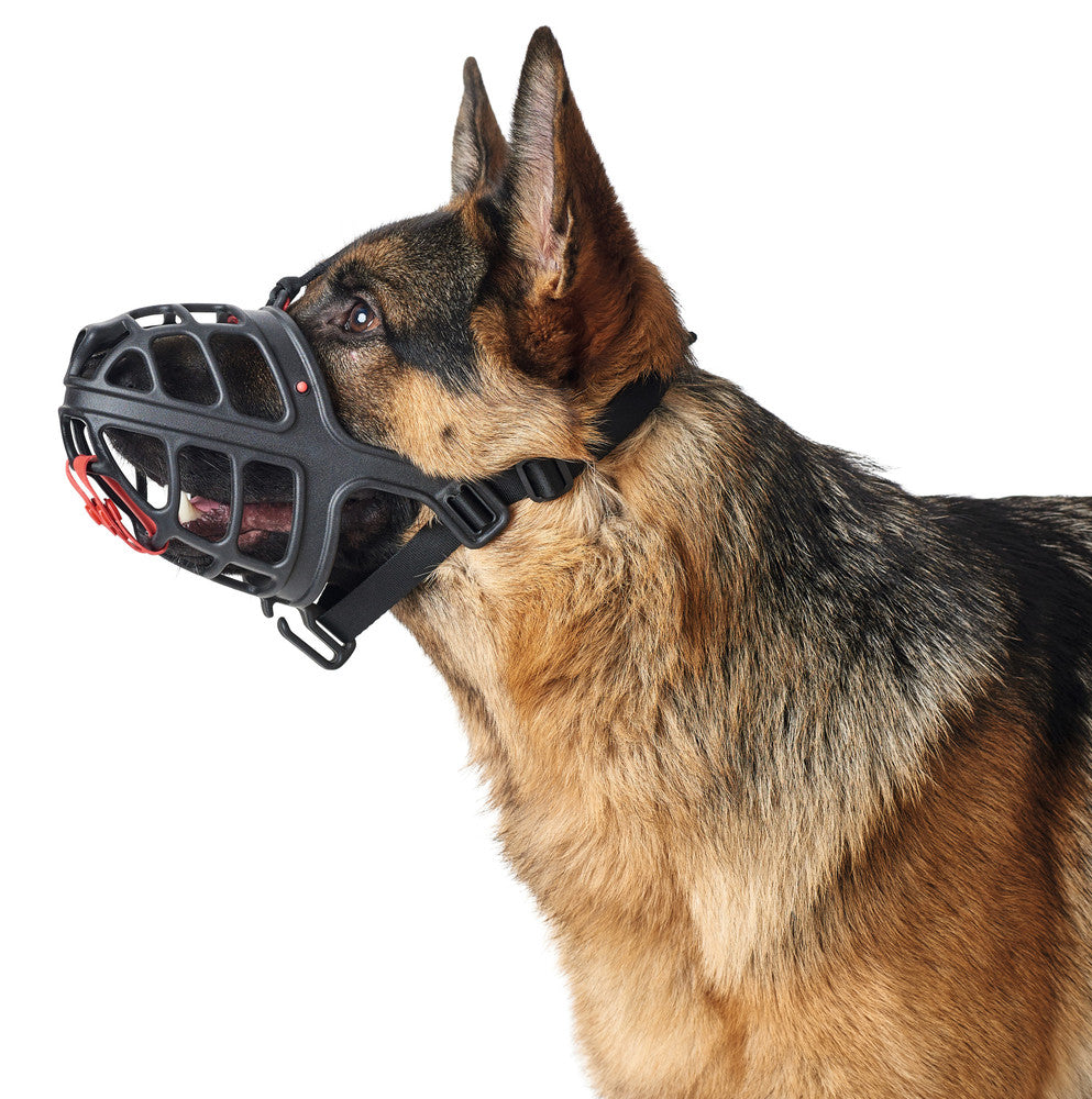 ALBURY Muzzle - Hunter Pet Store -custom-fit muzzle for a wide range of head shapes -use of TPE enables slight deformation and thus adaptation to the dog's snout by heating in hot water (approx. 10 minutes, >158 °F) -wide range of applications (travel, fear and aggression, after operations, etc.) -infinitely adjustable nylon straps for a secure fit -generous grille allows panting, water intake and vomiting -with removable poison bait guard