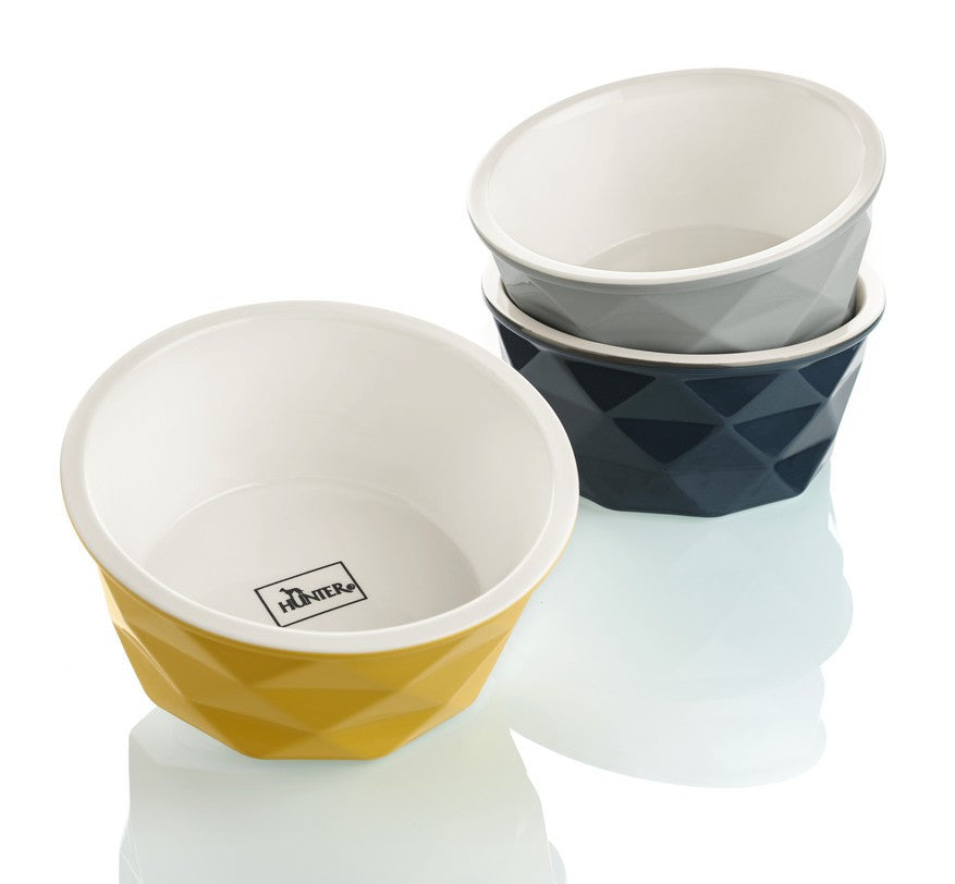 EIBY Ceramic Bowl - Hunter Pet Store -ceramic feeding and water bowl -modern diamond design -weighty design for stability -anti-slip silicone ring on base -dishwasher safe -food safe
