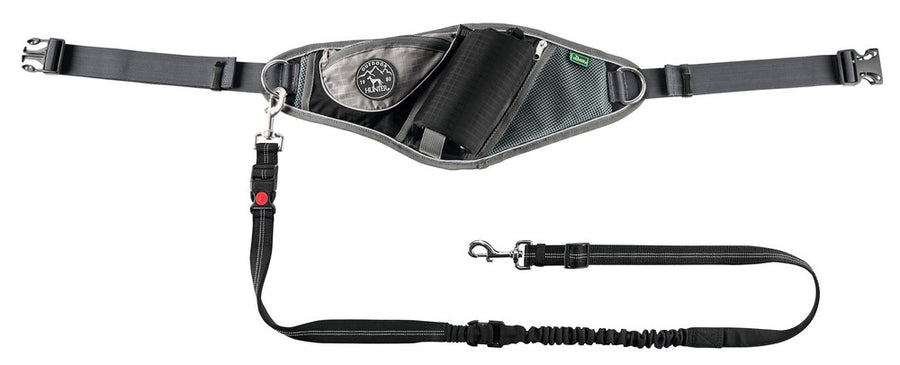 JASPER Jogging belt - Hunter Pet Store -ergonomic bag for sporting activities with the dog -individually adjustable to your own waist circumference (up to 3'11¼­˝ ) -with elastic, infinitely adjustable lead (up to 3'10 1⁄16˝, without pull) -with safety buckle and wrist loop with soft neoprene padding -with slide-in and zipped pockets for keys, water bottle and co. -reflective elements for optimum visibility -easy to clean: simply wash off