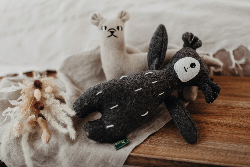 TIRANA Bear Dog toy - Hunter Pet Store -cute animal dog toy, without squeaker -for playing, cuddling and loving -made of up-cycled outer material and recycled filling -attractive yet tough material mix of wool and polyester -washable at 86 °F -10.63 in